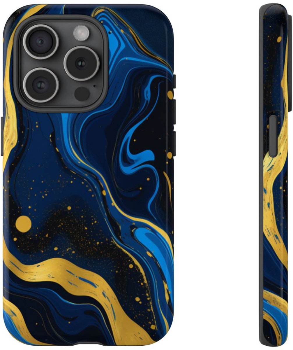 Neonblauw en Goud Marmer Abstract – Telefoonhoesje Geschikt voor iPhone 15 Pro