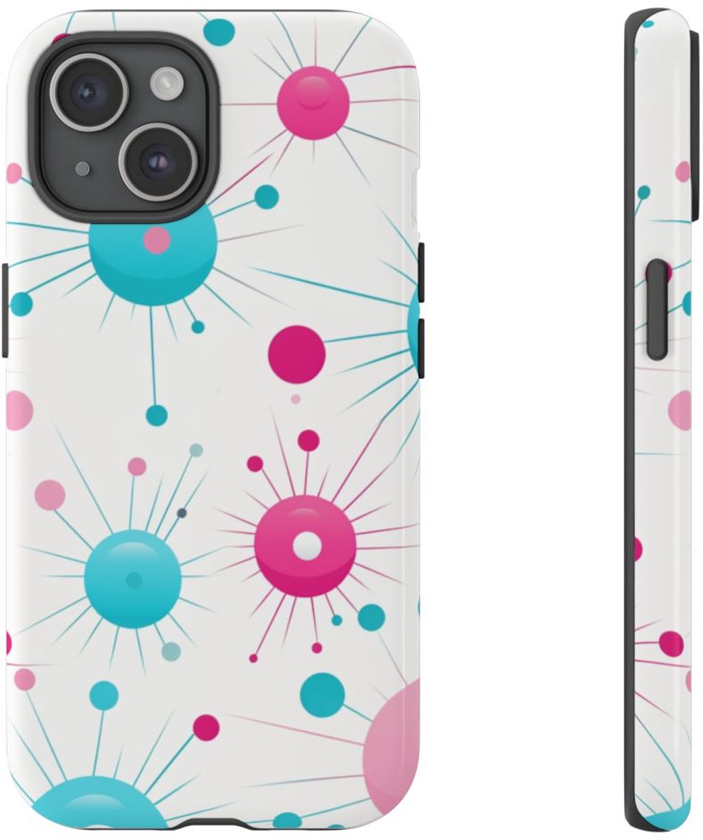 Retro Atomisch Patroon in Roze en Turquoise – Telefoonhoesje Geschikt voor iPhone 15