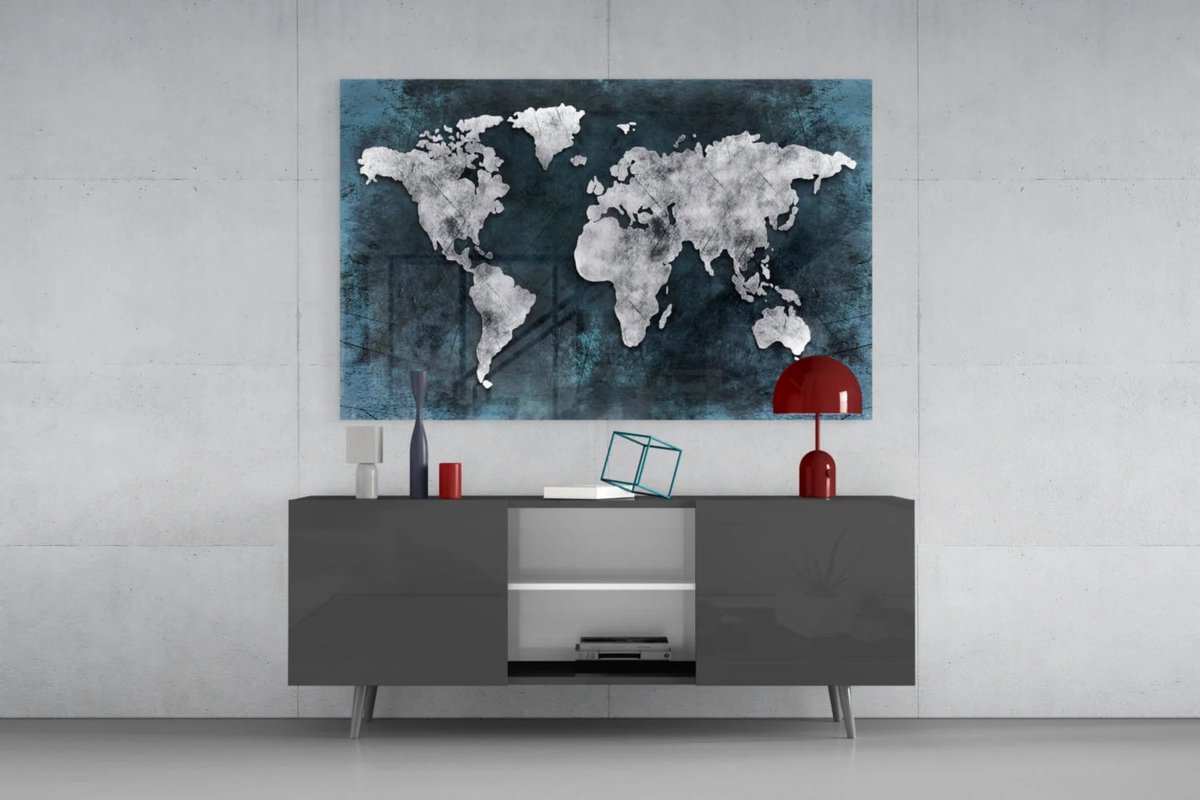 Insigne Art Glasschilderij - Wereldkaart - Blauw - Grijs - 72x46 cm