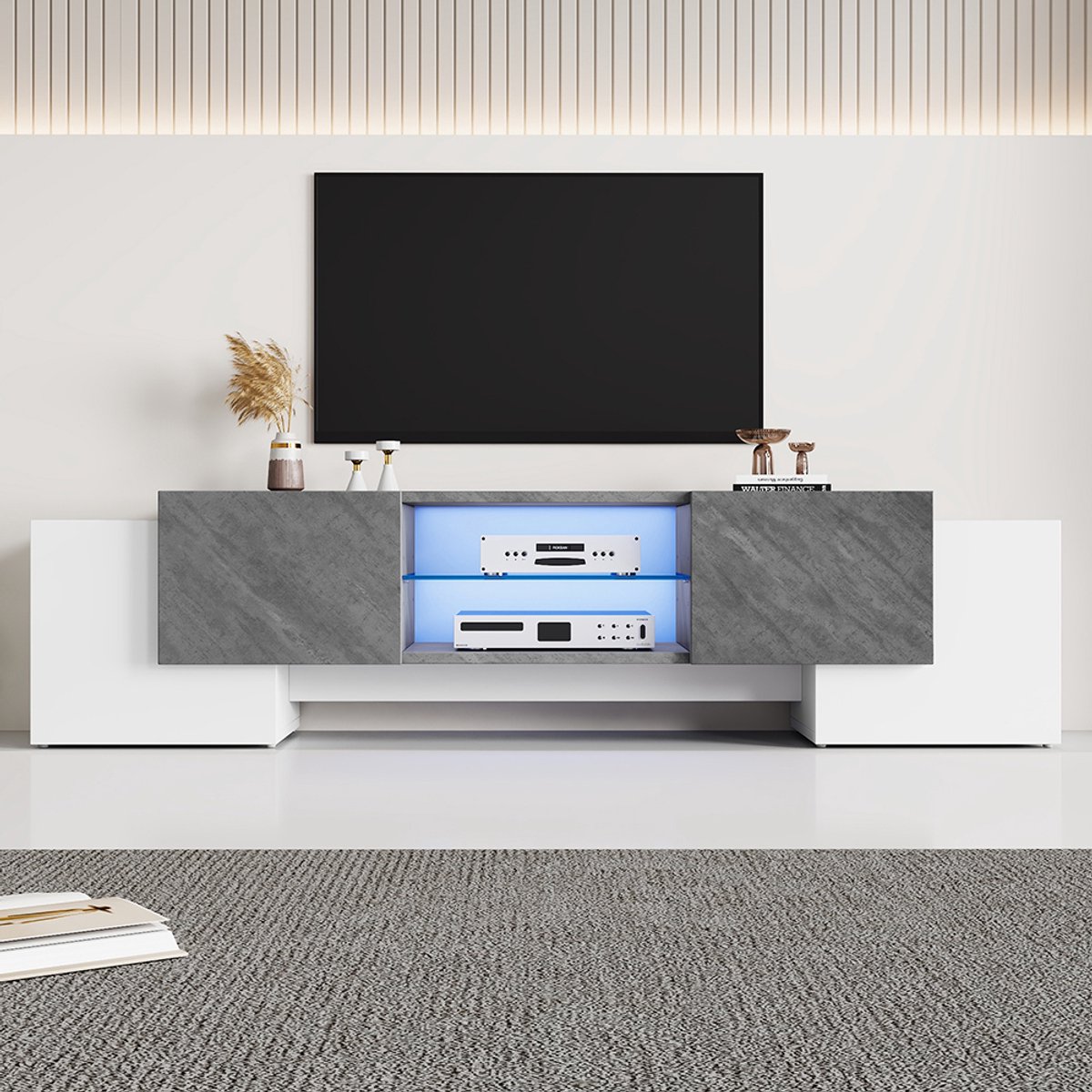 BLACKCOLORS Eenvoudig wit en grijs tv-meubel 180 * 40 * 46,5 cm, laag tv-meubel geschikt voor tv-meubels in de woonkamer met 60/65/70 inch tv's
