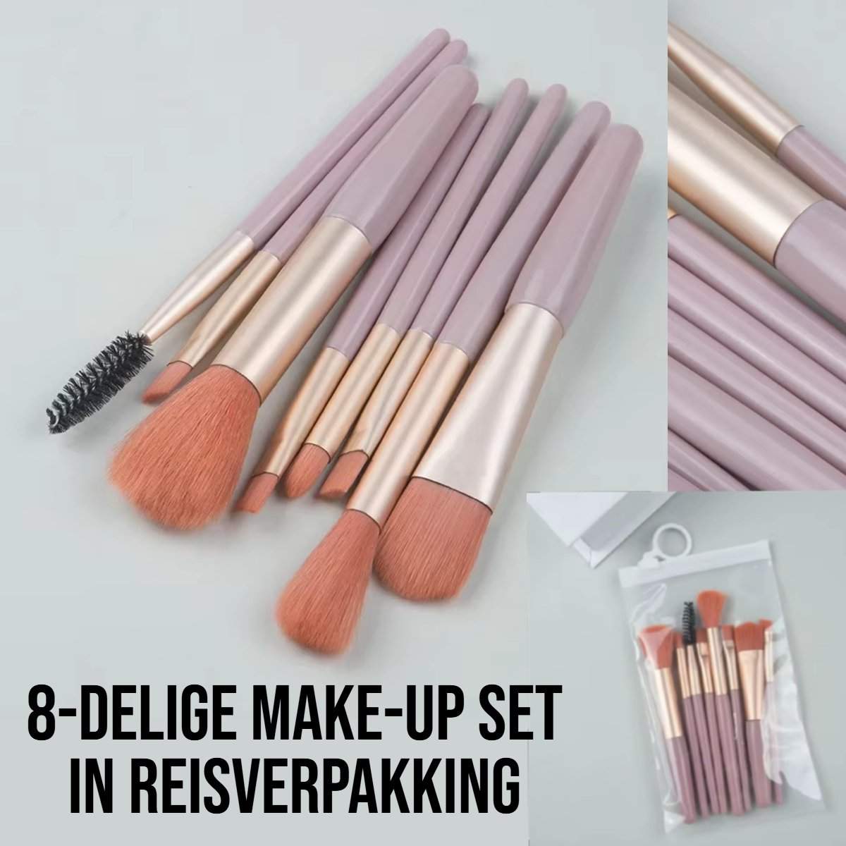 Mini Make-Up Borstelset 8-Delig – Draagbare Reisverpakking – Zachte Cosmetische Borstels