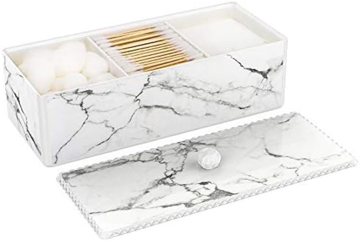PromoHome Marmeren Opbergdoos met 3 Vakken voor Wattenschijfjes en Make-up