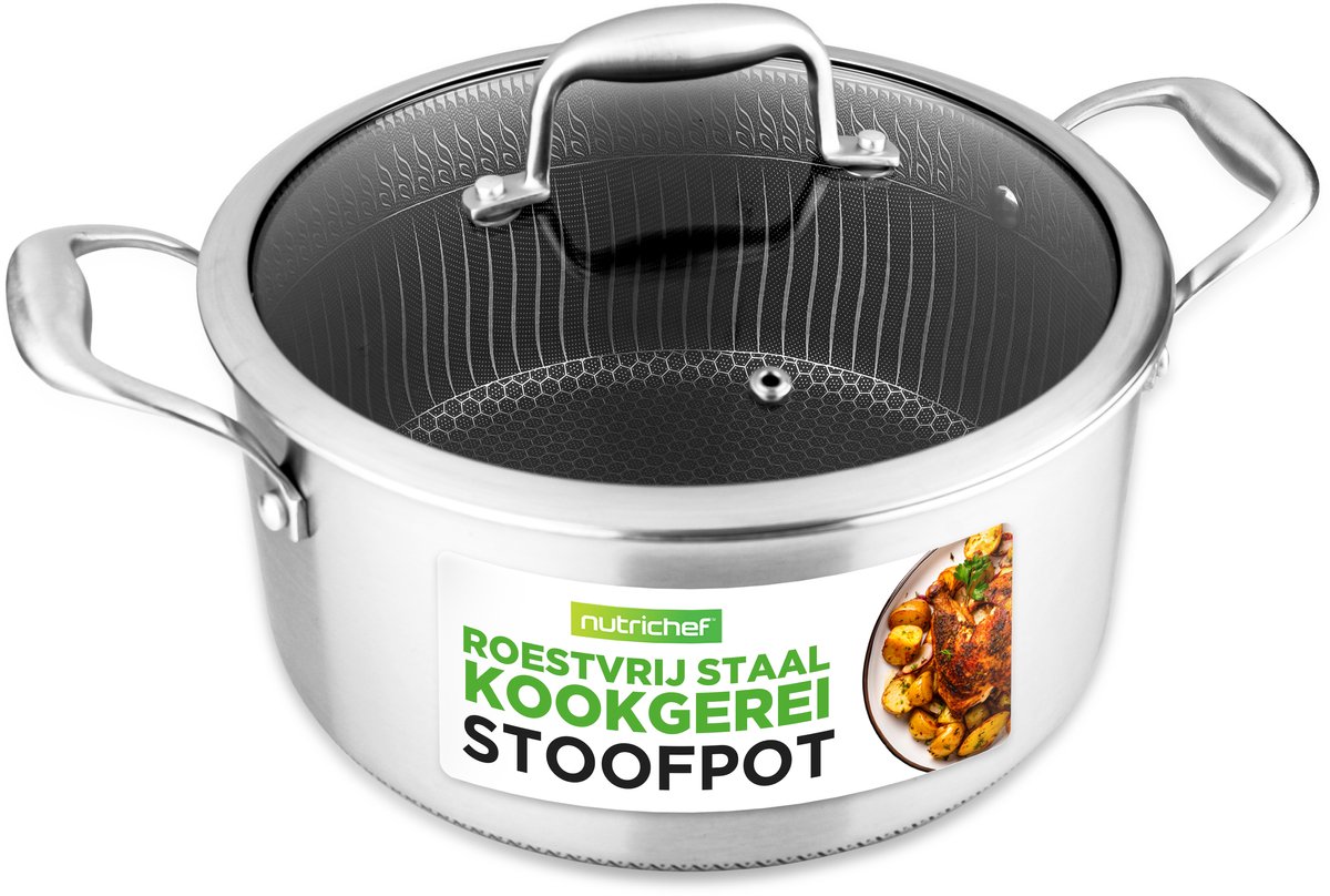 NutriChef Stoofpot - 5L Kookpan met Glazen Deksel - Gravure Anti-aanbak Coating, Krasbestendig