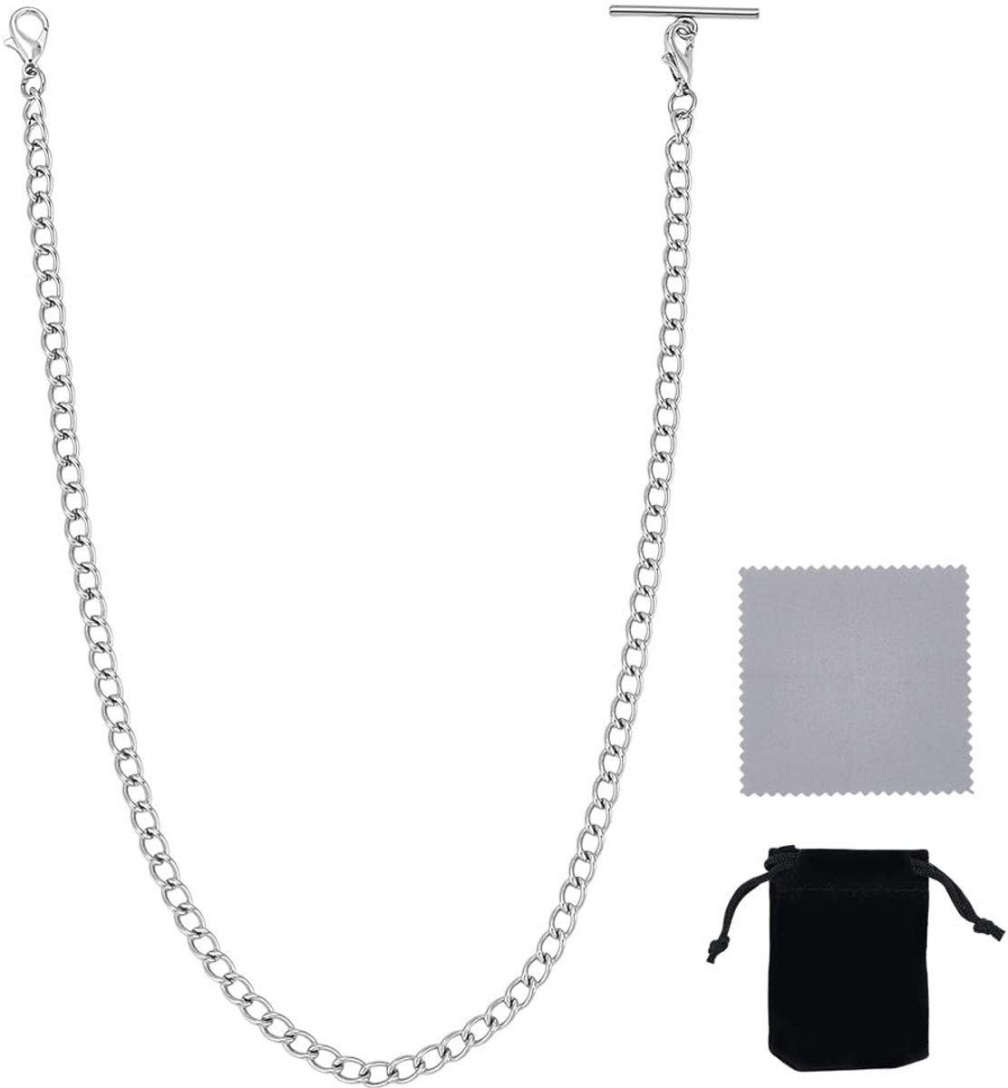 14.3 Inch 304 Stainless Steel Watch Chain Silver Suit Vest Chain Pocket Watch Fob T Bar Men Pocket Link Necklaces Vintage Style Wallet Necklaces for Man Father