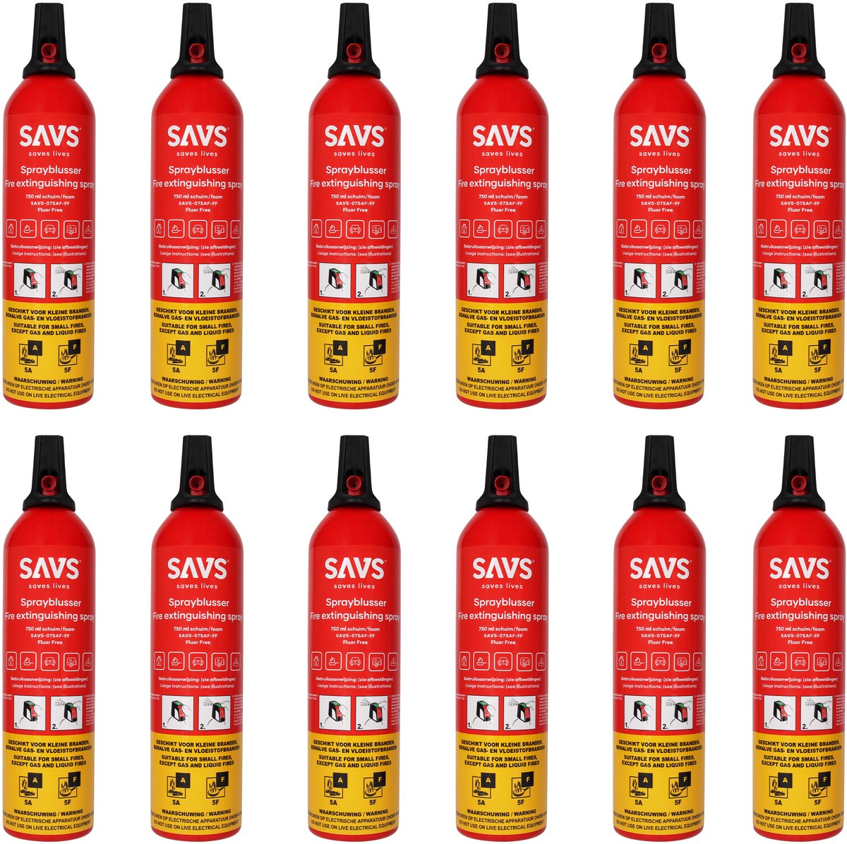 SAVS® Sprayblusser Vetblusser schuim 750 ml - 12-pack - 5A 5F - Geschikt voor keuken, huis, auto, boot, caravan of camper - Brandblusser - Schuimblusser
