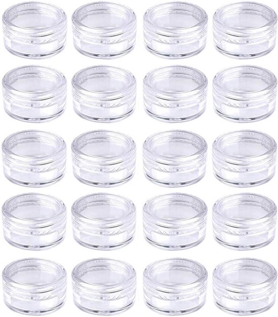 Lot de 20 bocaux d'échantillons - Petits contenants de voyage - Pots cosmétiques rechargeables - Pots d'échantillons de maquillage avec couvercles - Pots de rangement pour rouge à lèvres et gommage - 3 × 3 × 1,65 cm - 5 ml - Transparent