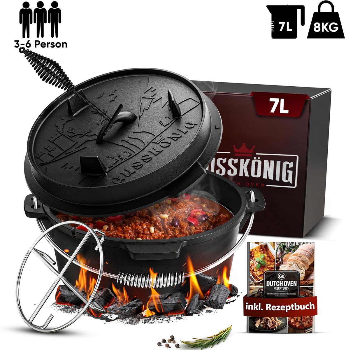 GUSSKÖNIG Ingebrande Dutch Oven Set met voetjes, incl. dekselheffer - dutch oven gietijzer borstel & receptenboek