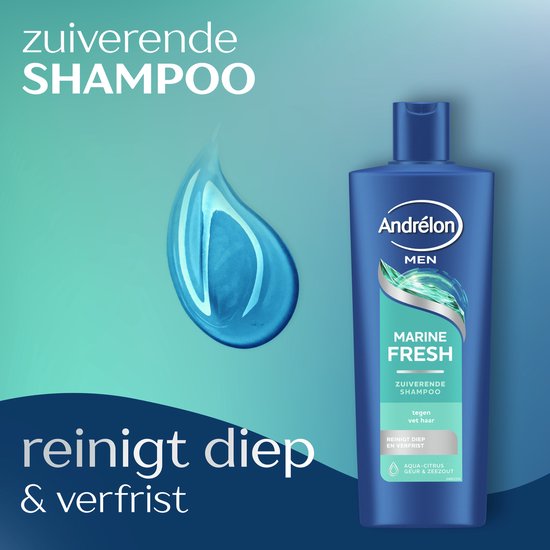 Een druppel blauwe shampoo zweeft boven een fles Andrélon Men Marine Fresh, met de tekst 'zuiverende shampoo'.
