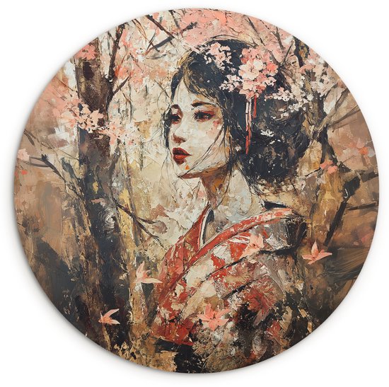 WallCircle® Wandcirkel 90x90 cm - Muurcirkel Kimono - Vrouw - kersenbomen - Muurdecoratie woonkamer - Wanddecoratie slaapkamer - Kamer decoratie accessoires - Ronde schilderijen