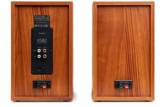 Achterkanten van twee houten boekenplank speakers. De linker toont aansluitingen, de rechter is effen.