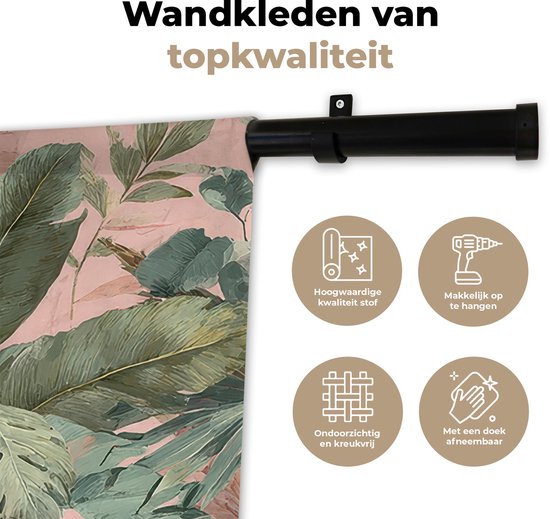Wandkleed met tropische bladeren, met pictogrammen voor kwaliteit en ophanging.