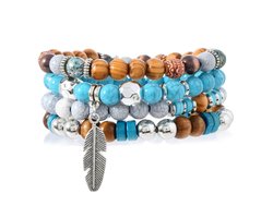 Sorprese Armband - Horizon - 4-Delige Kralenarmband Set - Heren & Dames - Natuursteen & Hout - Met Veer Hanger - Model P
