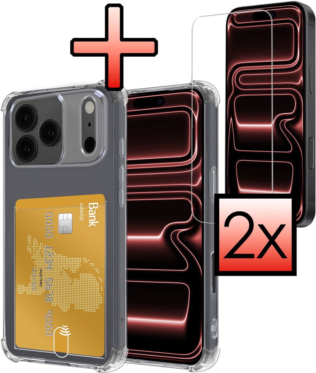 Hoesje - Geschikt voor Apple iPhone 17 Pro Max - Met 2x Screenprotector - Pashouder - Kaarthouder - Telefoon Hoes Shockproof - Siliconen Case - Back Cover - Shock Proof - Pasjes Houder - Transparant