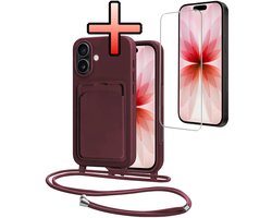 Hoes Geschikt voor iPhone 17 Hoesje Pasjeshouder Cover Met Koord Case Siliconen Hoes Met Telefoonkoord en Kaarthouder Met Screenprotector - Aubergine