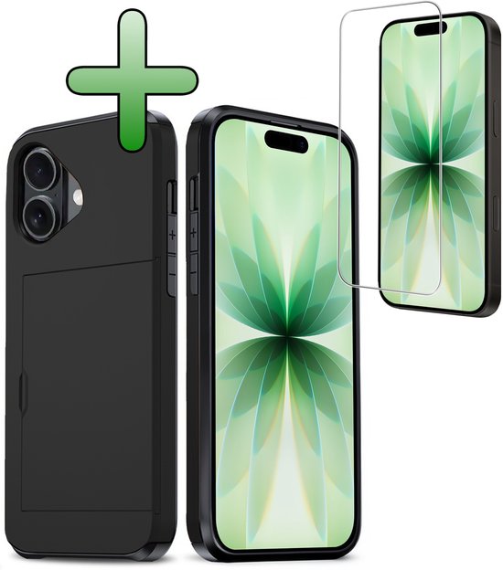 Une coque iPhone noire avec porte-cartes et un protecteur d'écran. Une icône plus verte suggère un lot. Fond blanc.