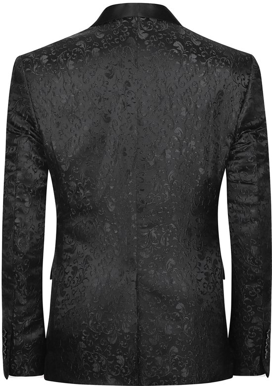 Zwarte brokaat blazer met paisley patroon, sjaalkraag en satijnen revers.
