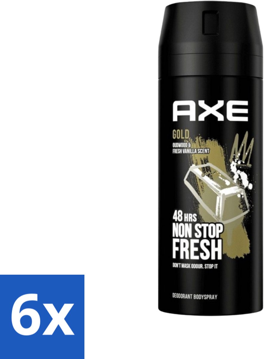 6 x Axe - Deodorant Bodyspray - 48hrs Fresh - Gold - Oud Wood & Fresh Vanilla - 150 ml - Deodorant - Axe - Deodorant Spray - 48 Uur Bescherming - Oud Hout
