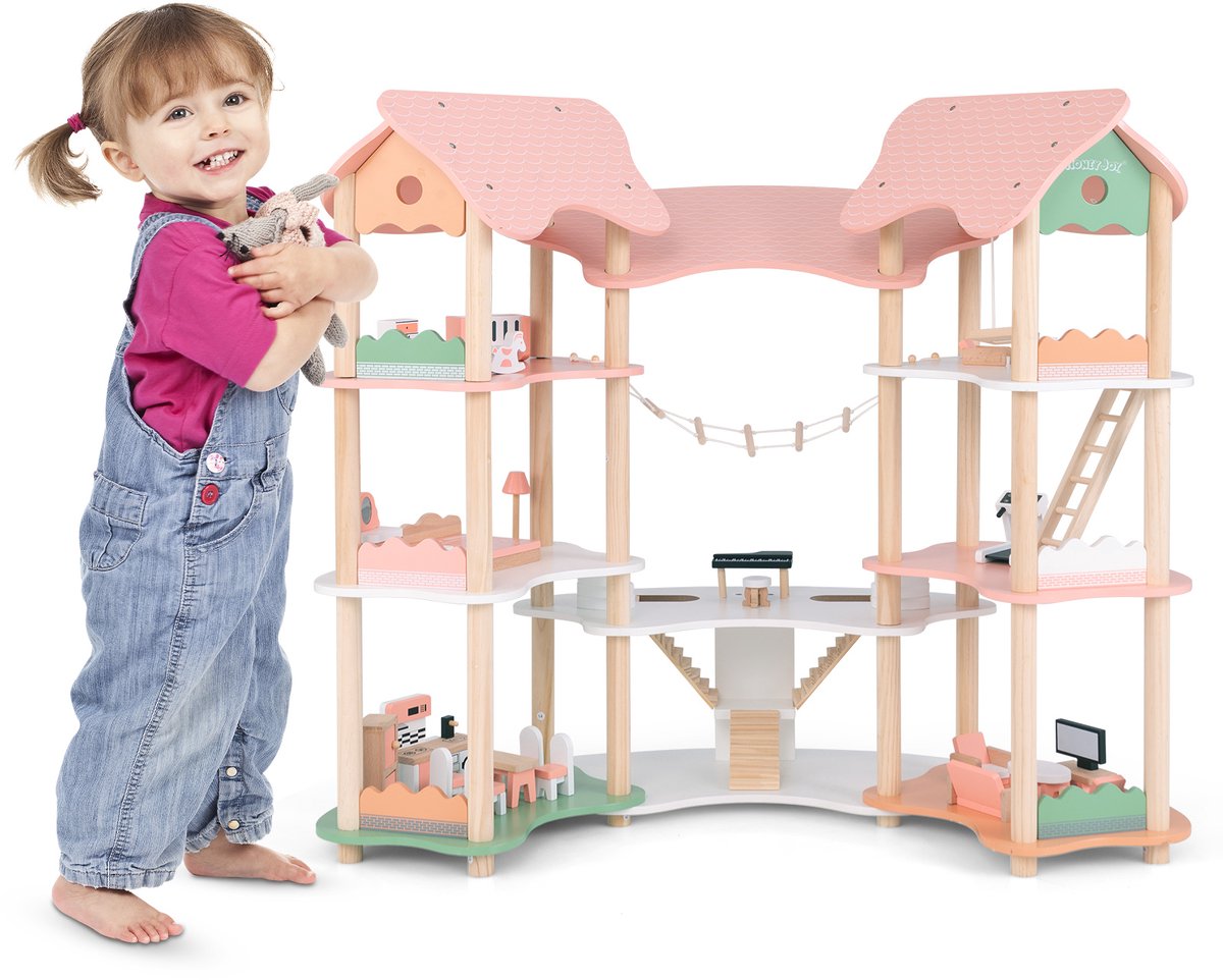 COSTWAY Poppenhuis van hout, 85 cm hoog, 7 kamers met 32 meubels en accessoires, poppenvilla met touwladder, cadeau voor meisjes vanaf 3 jaar (model 3)