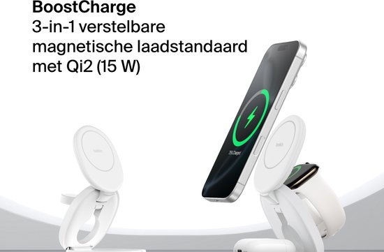 Belkin BoostCharge 2-in-1 magnetische inklapbare Qi2 15W lader, MagSafe compatible draadloze oplader, snellader voor Apple iPhone 16/15/14/13/12, laadstation met antislipvoet, voedingsadapter - Wit
