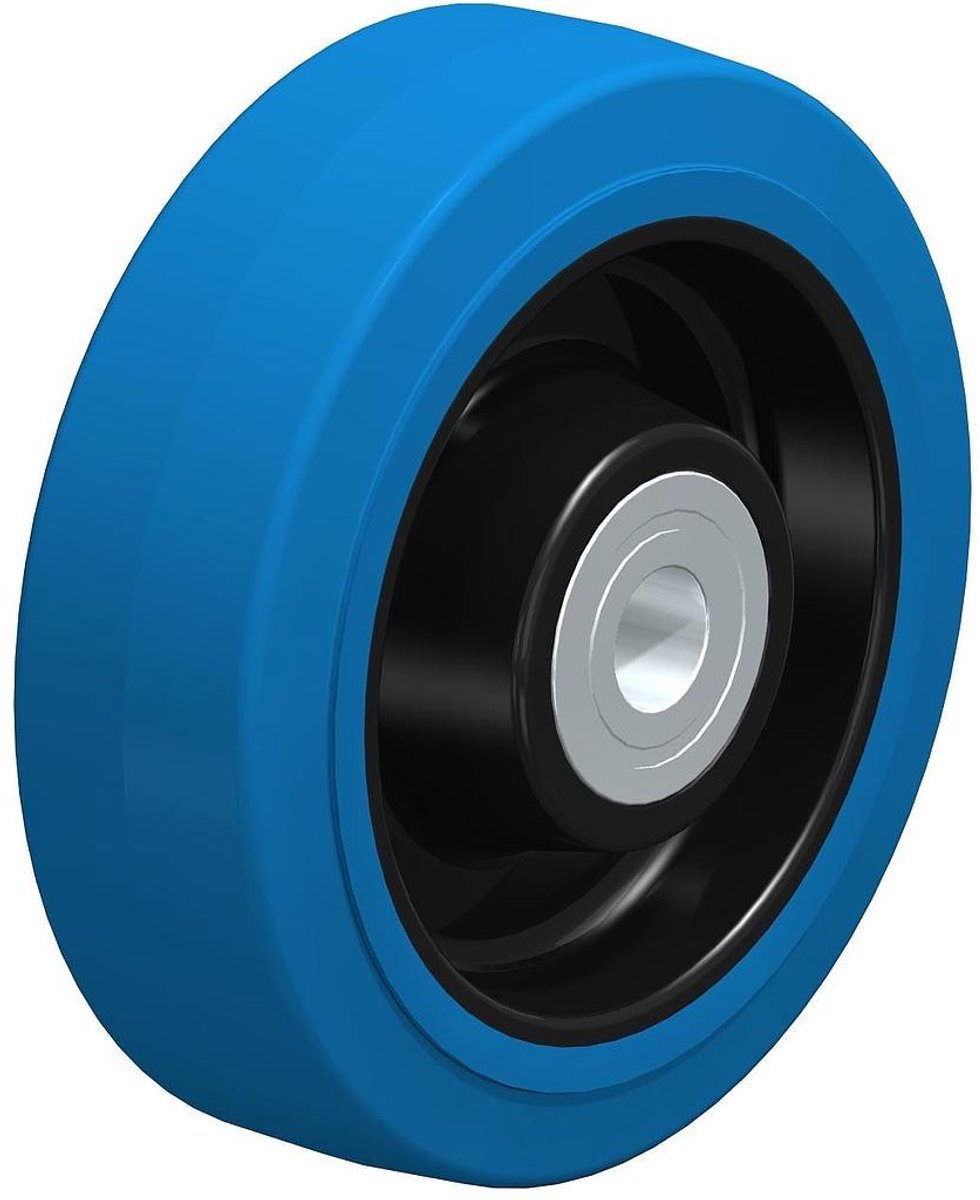 Wiel van 160 mm met blauw elastisch rubber op een nylon kern