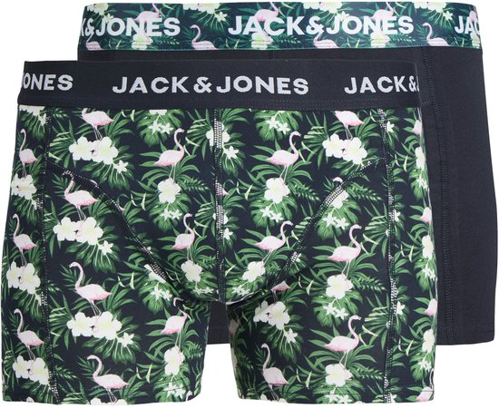 Twee Jack & Jones boxershorts, één met donkergroene flamingo- en bloemenprint, de ander effen zwart. Beide met logoband.