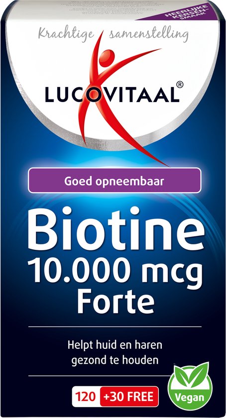 Lucovitaal Biotine 10.000 mcg Forte doos. Krachtige samenstelling, goed opneembaar. Bevat 120 + 30 gratis vegan zuigtabletten.