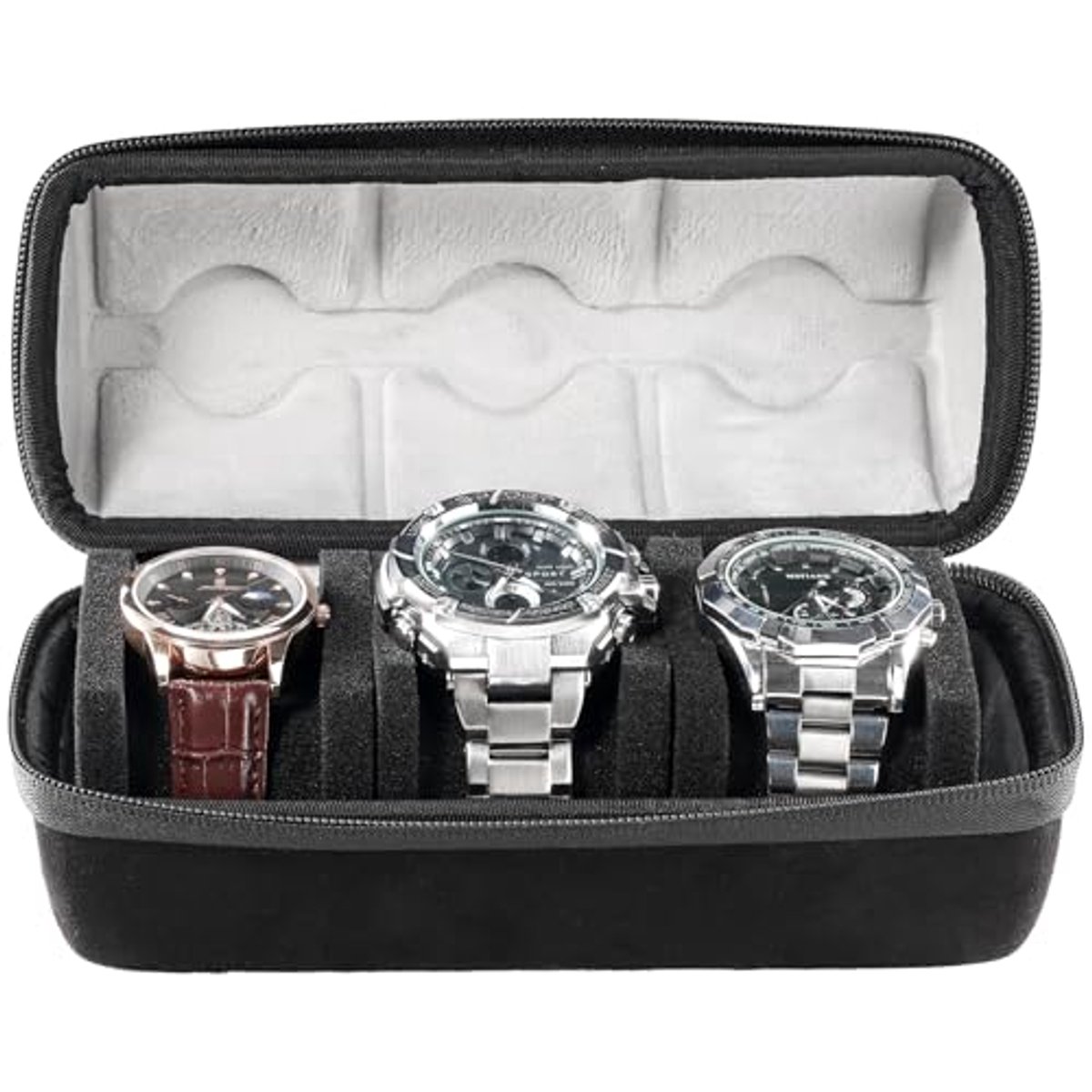 Reis Horlogehouder met 3 Slots - Draagbare Horloge Box met Clip en Schokdempende Cover - Zwart Grijs