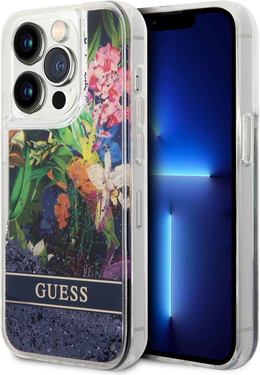 Guess Back Cover voor Apple iPhone 15 Pro Max - Blauwe Liquid Glitter - Bloem Motief