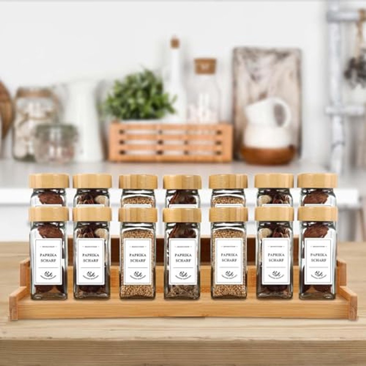 Set van 24 vierkante kruidenpotjes met etiketten en accessoires voor kruiden