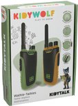 Doos met twee Kidywolf KIDYTALK walkietalkies, één groen en één geel/oranje, met illustraties.