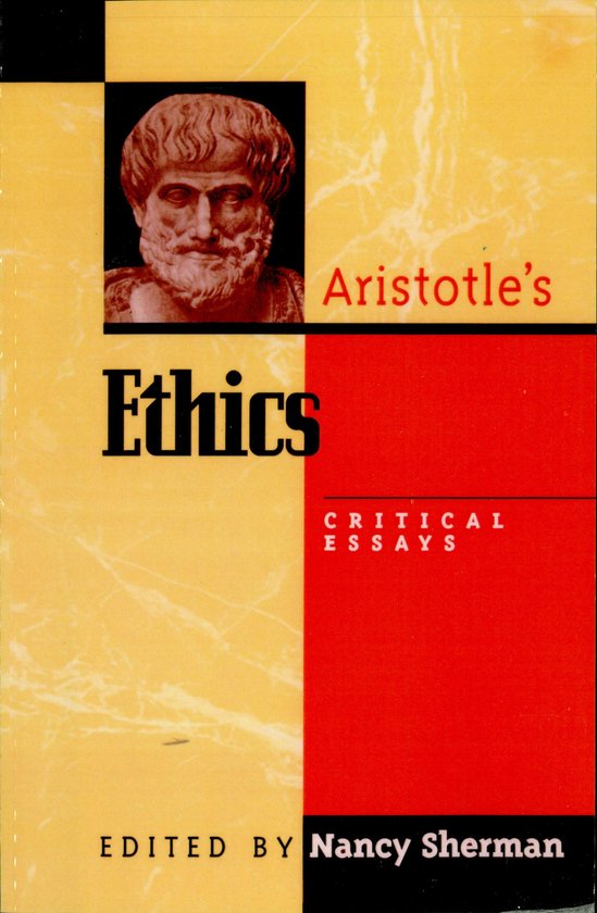 Boekomslag van Aristotle's Ethics met een buste van Aristoteles, tegen een geel en rood achtergrondpatroon.
