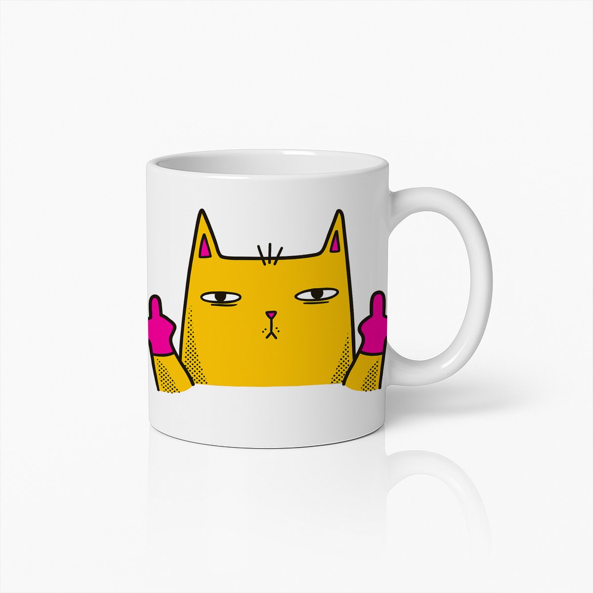 Witte Mok 330 ml – Grappige Kat Cartoon Mok met Middelvinger Illustratie