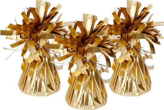 Drie gouden ballon gewichten met franjes op een witte achtergrond.