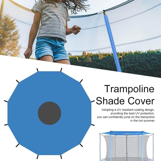 Blauw trampoline schaduwdoek met 6 ribben, UV-bestendig. Kinderen spelen op trampoline.
