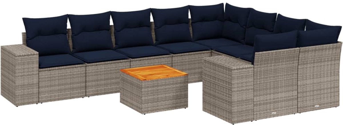 vidaXL - 10-delige - tuinbankset - met - kussens, - grijs - polyrotan