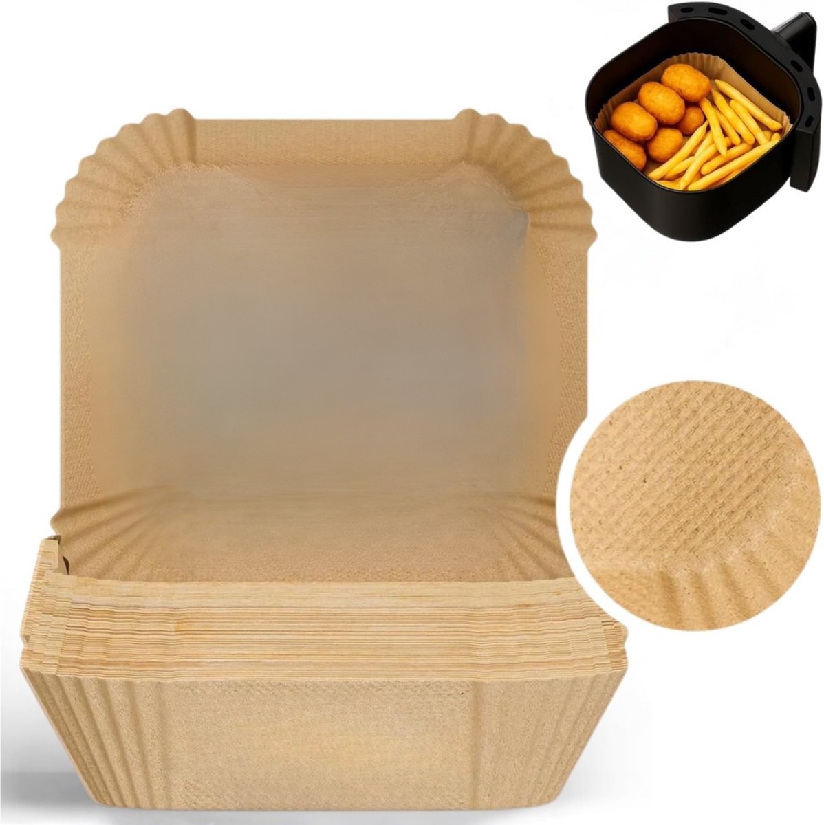 Goodivery® - Airfryer Bakpapier - Pakket Van 100 Bakvellen Voor Heteluchtfriteuse XXL Vierkant 20 X 20 CM - 3-6 Liter - Extra Stabiel Dankzij Gestructureerd Oppervlak - Antiaanbaklaag - Wegwerpbakjes