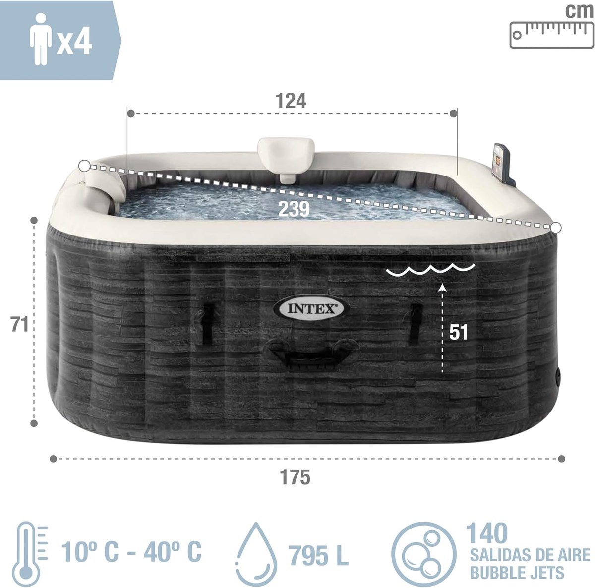 Medahomestore Deluxe Spa PRO 4 – Opblaasbare Jacuzzi 4 Personen – 140 Massage Jets – Greystone Design – Verwarming 40°C – Hard Water System – Complete Luxe Bubbelbad Set – 795 Liter – 220V – Incl. Afdekzeil & Filter
