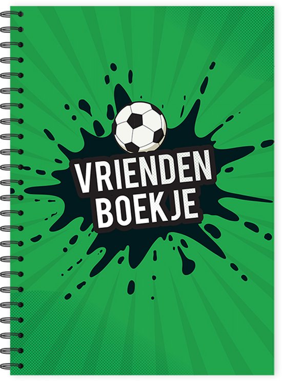 Groene kaft met zwarte verfspatten en een voetbal. De tekst 'VRIENDEN BOEKJE' staat centraal. Het boekje heeft een spiraalbinding.