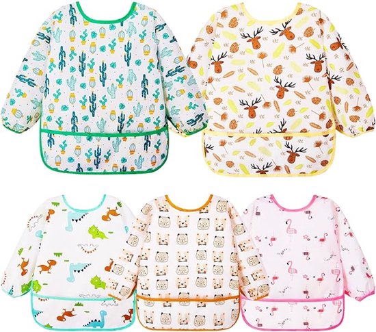 Bavoir imperméable Bébé 5 pièces - Manches longues avec poche froncée - Protection complète pour manger et peindre - Convient aux enfants de 0 ans