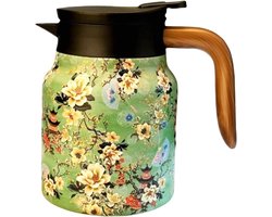 Thermoskan - 1 liter - roestvrij staal - Quick Press-sluiting - dicht 12 uur warm 24 uur koud - houten handvat - oranje en groen - 1000 ml - 1 stuk(groen)