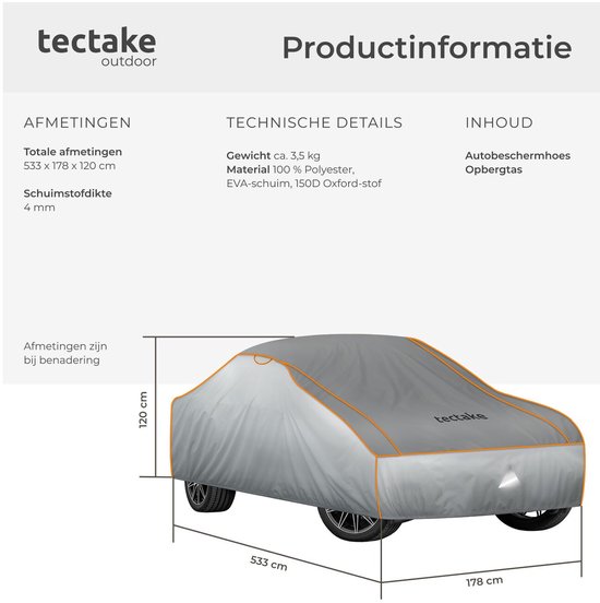 Grijze autohoes met oranje accenten, 533x178x120 cm. Afmetingen van autohoes en schuimdikte.
