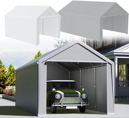 Tente d'entrepôt, tente de garage, grand abri de voiture, tente de garage, auvent de voiture, tente de rangement, abri imperméable résistant aux UV sans fenêtre enroulable (3 x 6 m, gris)