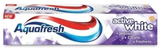 Aquafresh Active White tandpastakoker en verpakking met rode, witte en blauwe golf.