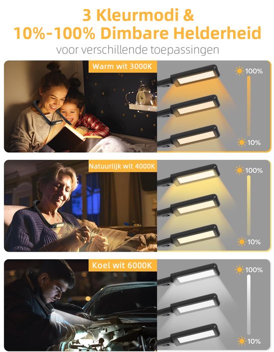 Gloovon® - Neklamp - Leeslampje voor Boek - Boeklampje - Nek lamp oplaadbaar - Bureaulamp - Leeslampje voor in Bed - 3 Kleuren Licht - Dimbaar - Flexibel - Timer - Zwart van Merkloos — afbeelding 2