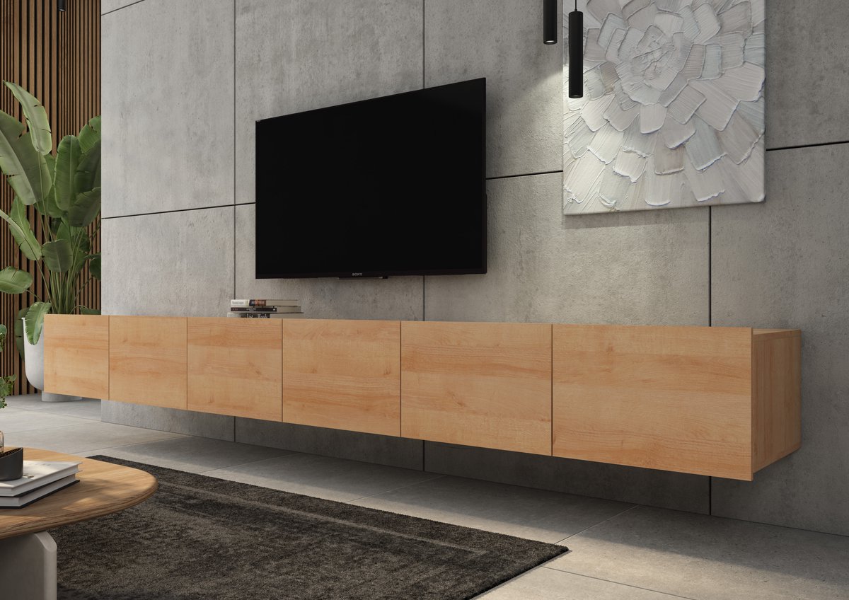 Promeubels - Tv meubel Cosenza - Eiken- 300cm (2x 150cm) - Tv kast - Hangend of staand