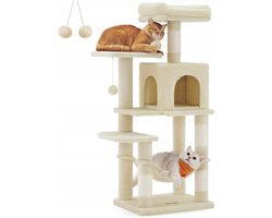 Dierenbenodigdheden Katten Krabpaal 116cm Beige met Grot, Hammmat & Speelgoed