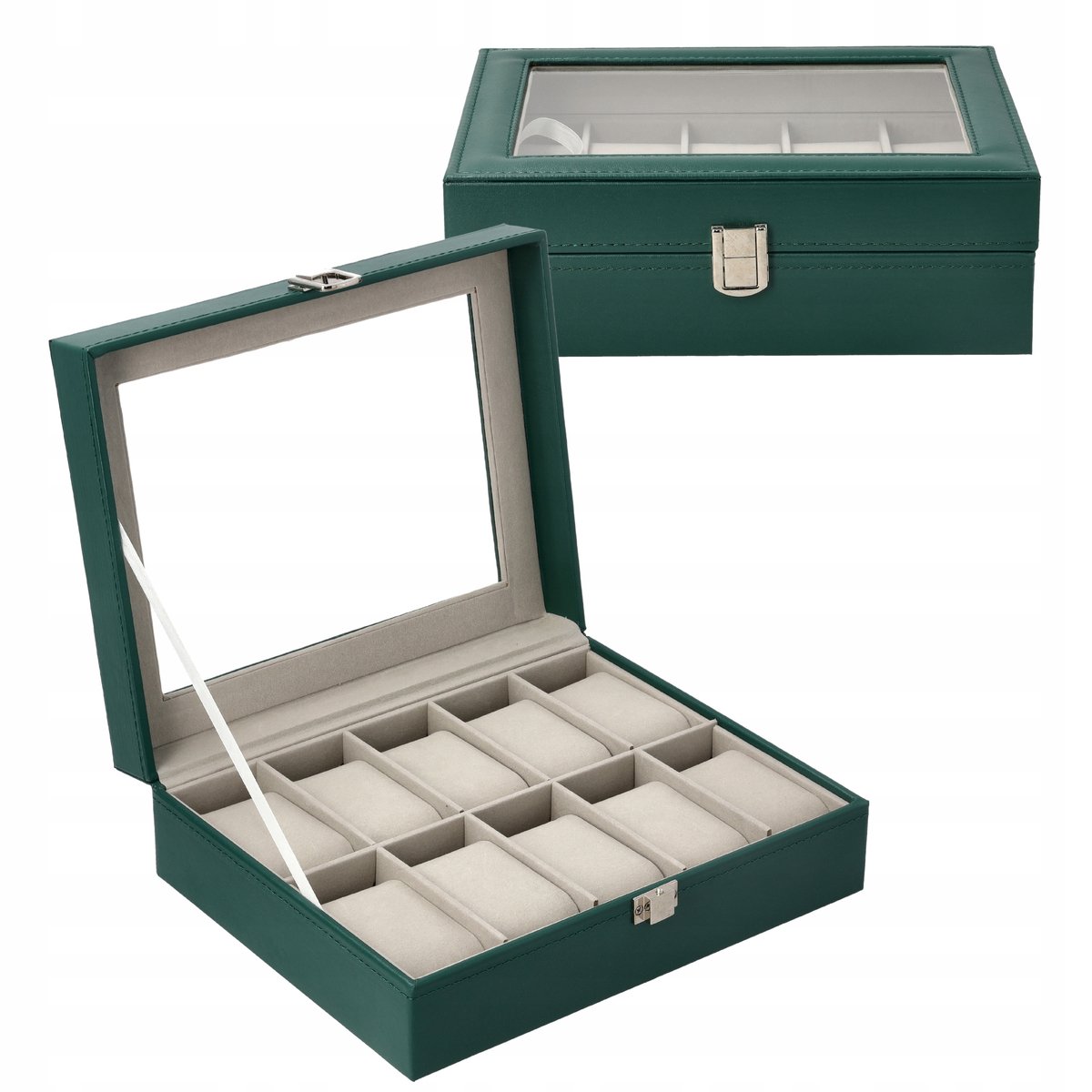 Luxe Horlogedoos met 10 vakken - Flesgroen - Transparant Glas