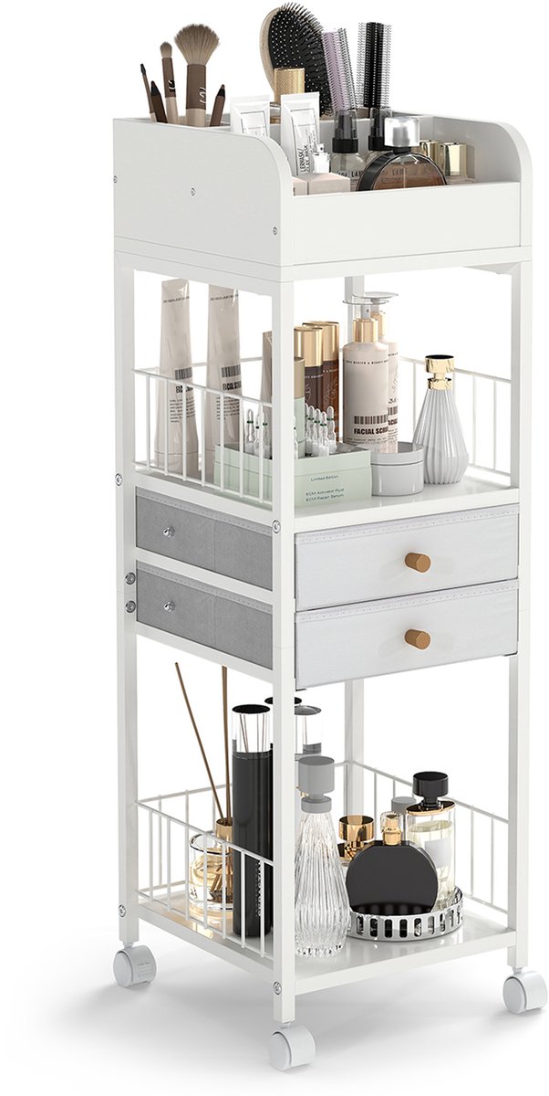COSTWAY Make-up Opbergwagen, cosmetica-organizer met laden en wielen en legplanken, multifunctionele wagen voor huidverzorging, nagellak, parfum, wit, 30 x 30 x 90 cm