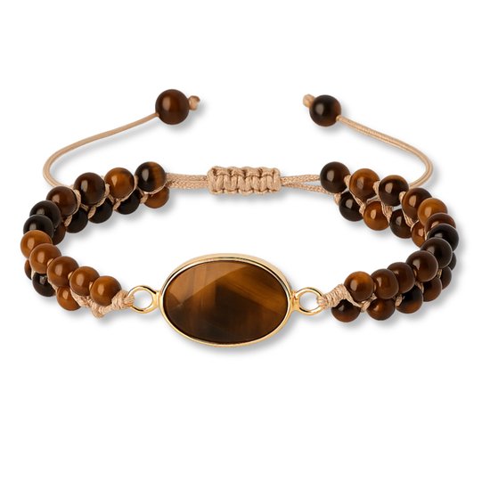 Dubbele armband met tijgeroogkralen en een ovale middensteen, verstelbaar met een beige waxkoord.