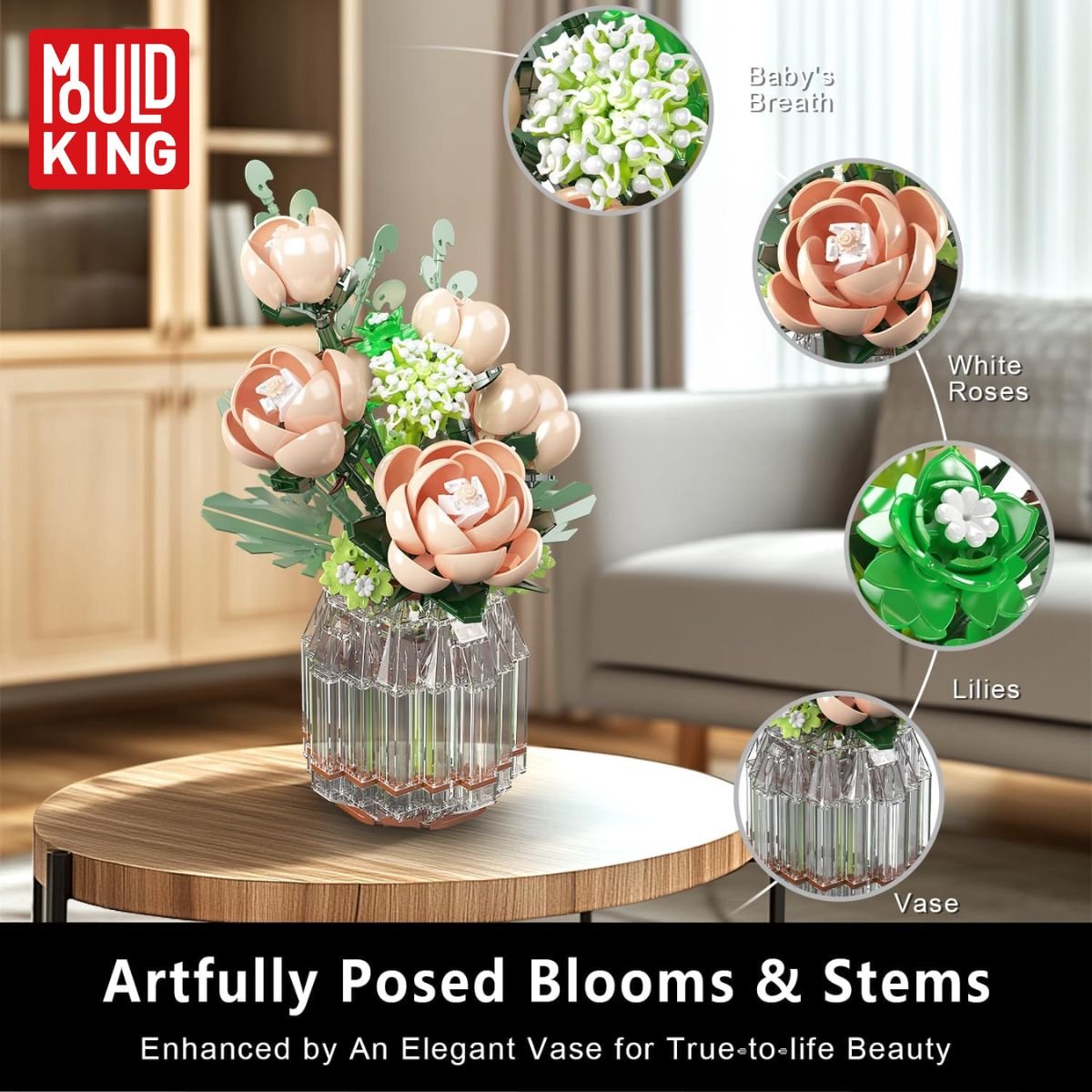 Mould King 24109 Roze Rozen bouwset | Botanical Flowers Collection | Classic Creator STEM speelgoed bloemen bouwpakket | Bloemenpracht kunstbloemen modelbouw voor volwassenen & kinderen | geschikt voor Lego | Bouwdoos met 981 bouwstenen — afbeelding 3
